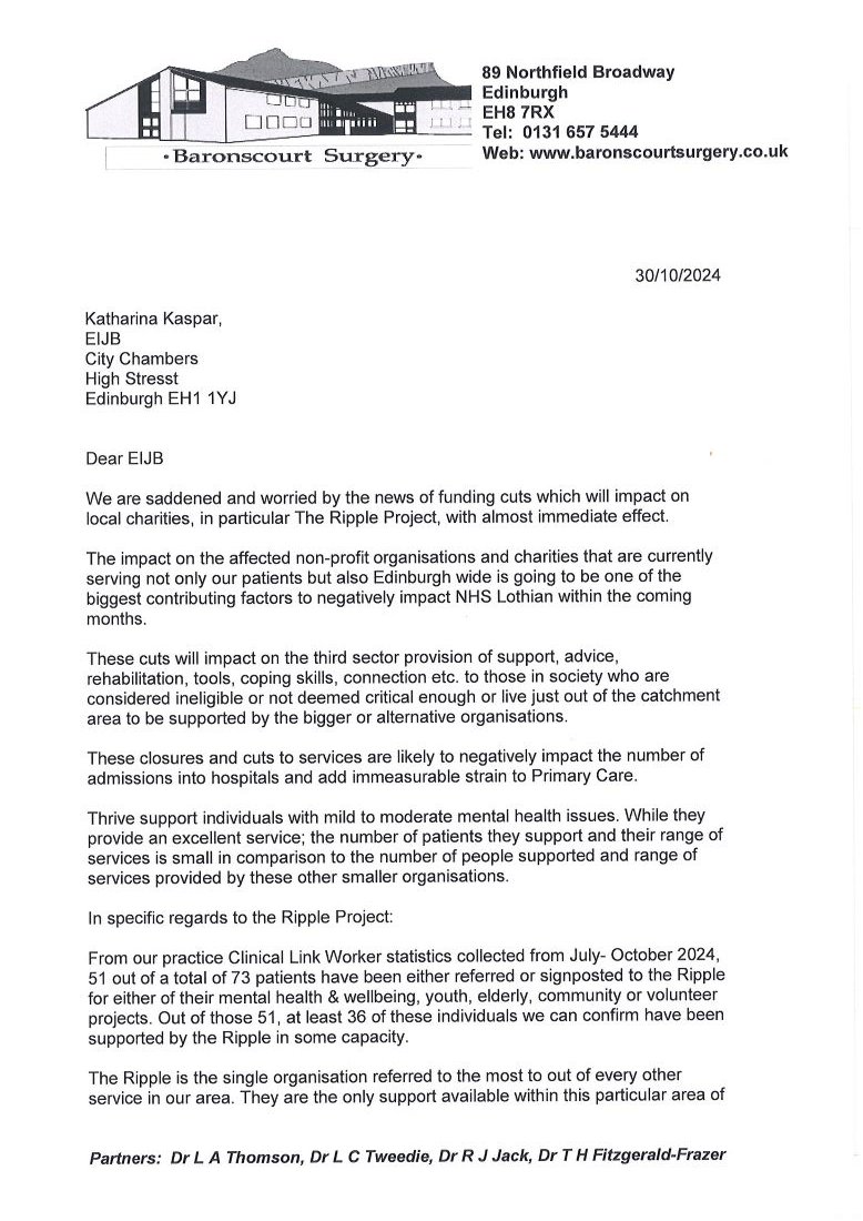 RippleRestalrig's tweet image. We are overwhelmed with the support we have received for The Ripple and would like to share what others have to say.  Many thanks to our partners at Baronscourt Medical Practice for taking the time to write in our support. #preventativecare
@NHS_Lothian
@cllrcammyday
#Community