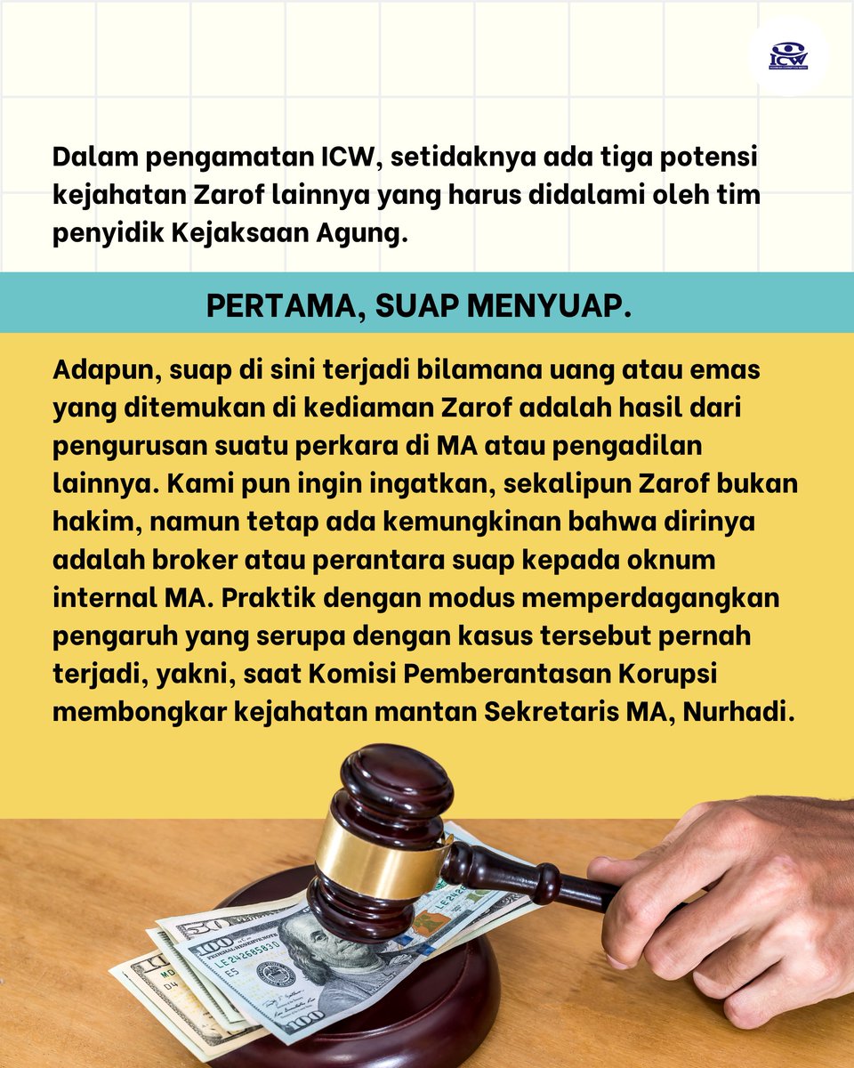 antikorupsi's tweet image. (1/2)

RUSAK! Belum lama ini ada sejumlah Hakim dan mantan penjabat MA ditangkap atas dugaan korupsi. 😤🤬

Publik kembali dikejutkan dengan penangkapan mantan pejabat Mahkamah Agung, Zarof Ricar, &amp;amp; temuan ratusan miliar uang tunai serta puluhan KG emas di kediamannya. 

Lanjut..