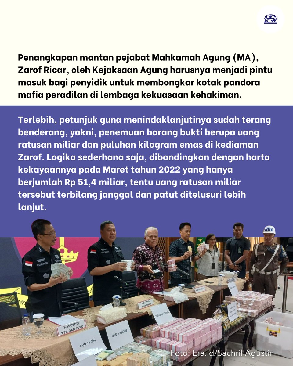 antikorupsi's tweet image. (1/2)

RUSAK! Belum lama ini ada sejumlah Hakim dan mantan penjabat MA ditangkap atas dugaan korupsi. 😤🤬

Publik kembali dikejutkan dengan penangkapan mantan pejabat Mahkamah Agung, Zarof Ricar, &amp;amp; temuan ratusan miliar uang tunai serta puluhan KG emas di kediamannya. 

Lanjut..