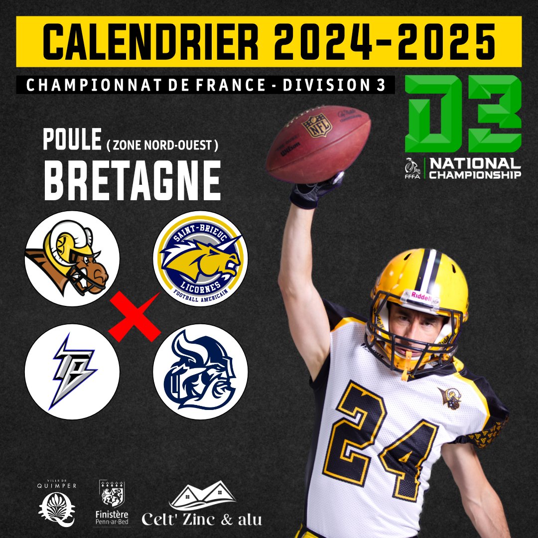 KeltedQuimper29's tweet photo. CALENDRIER D3 💥🏈

RDV le Sam. 16/11 à 19h au stade annexe du Moustoir à Lorient pour la reprise de la saison !!!!

Venez nombreux soutenir les Kelted lors des matchs à Quimper !

🏟️ Matchs au Stade Creac'h Gwen :
➡️ Sam. 14/12 à 19h
➡️ Dim. 26/01 à 14h
➡️ Dim. 16/02 à 14h https://t.co/GfGyWxU8wT