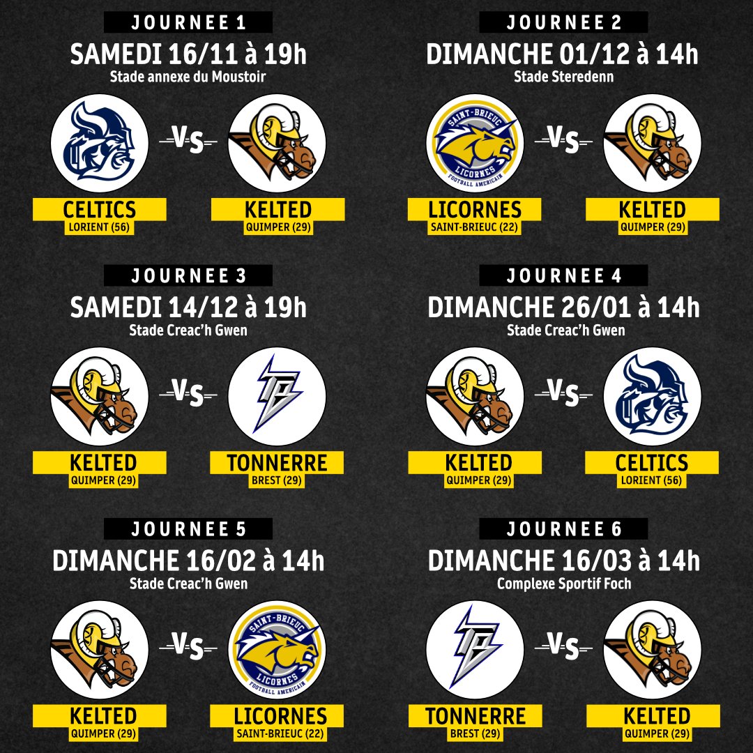 KeltedQuimper29's tweet photo. CALENDRIER D3 💥🏈

RDV le Sam. 16/11 à 19h au stade annexe du Moustoir à Lorient pour la reprise de la saison !!!!

Venez nombreux soutenir les Kelted lors des matchs à Quimper !

🏟️ Matchs au Stade Creac'h Gwen :
➡️ Sam. 14/12 à 19h
➡️ Dim. 26/01 à 14h
➡️ Dim. 16/02 à 14h https://t.co/GfGyWxU8wT