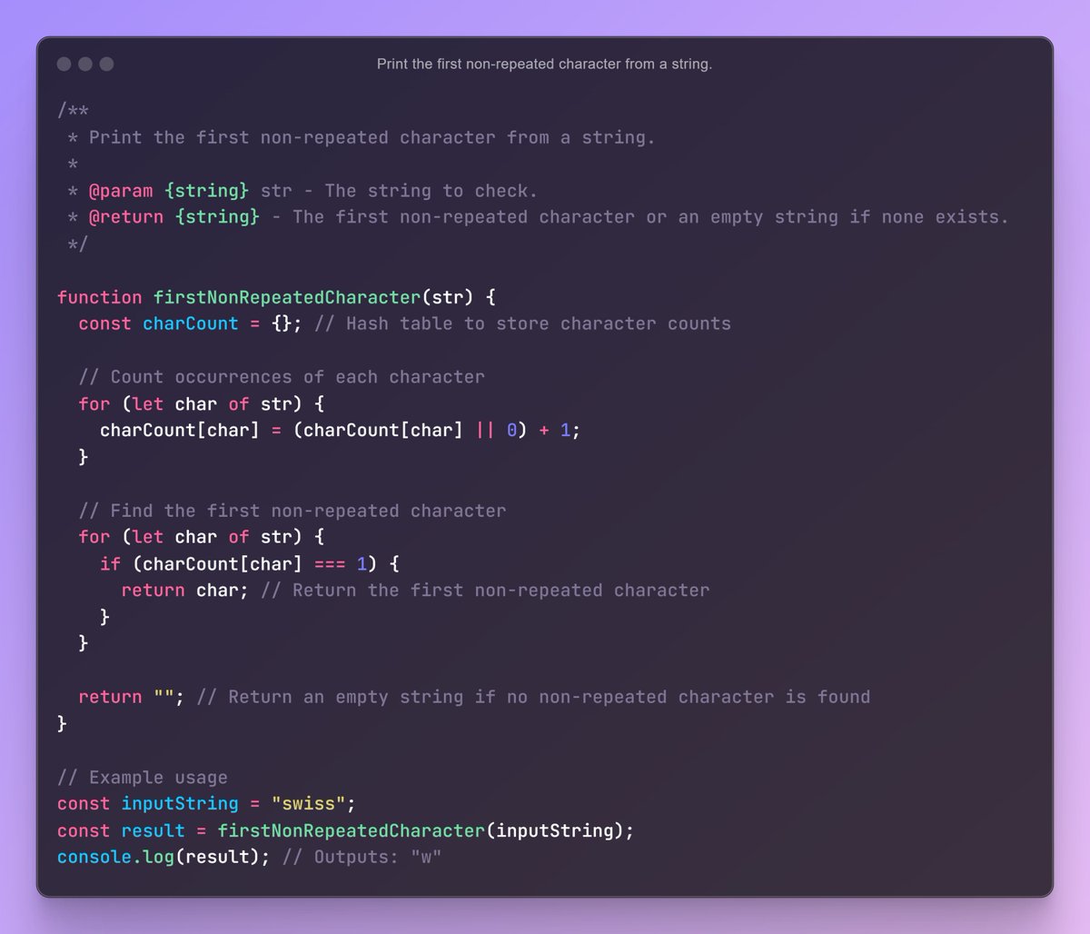 iamtazheeb's tweet image. ⚡Print the first non-repeated character from a string.
📝 03/12 : String Interview Question(s):
🎯 Day 11 of 75 Days Coding Interview Question (JS)
#javascriptcode #web #javascript #programming #coding #javascriptdeveloper #interviewquestion #tazheeb_shamsi #coding_question