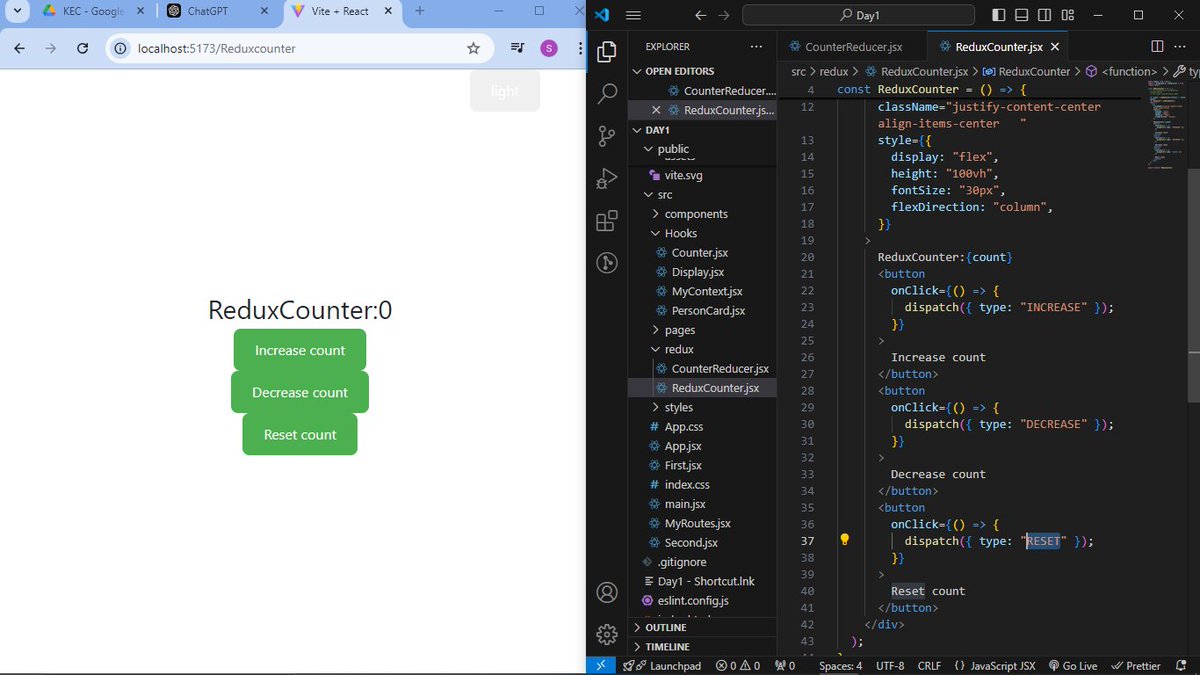 #LUD29
Today, I learned to practice a Redux counter, setting up actions and reducers to manage a counter state with increment , decrement and reset functions, ensuring consistent state across components. #LearningUtsav #FestivalOfLearning <a href="/learning_utsav/">Learning Utsav</a>