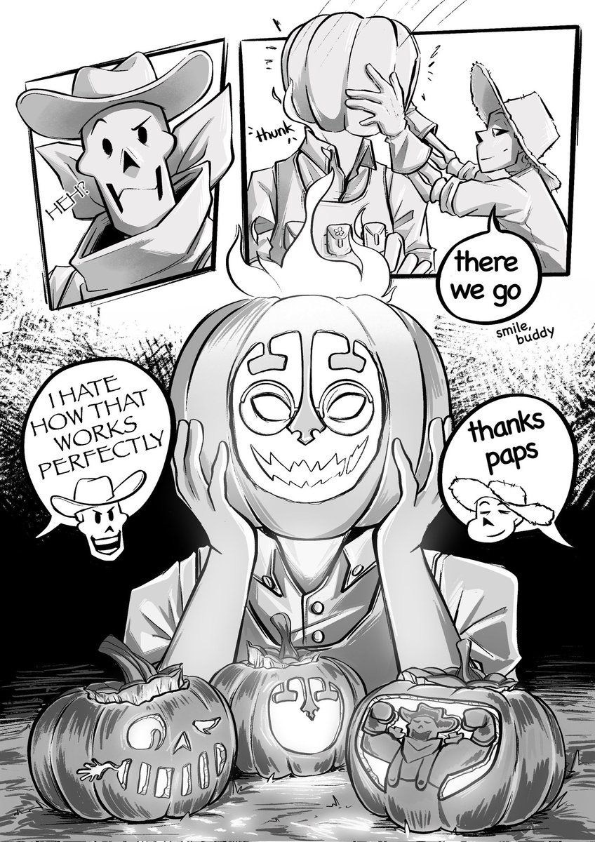 Please enjoy this gorgeous Halloween comic featuring Farm!Sans, Farm!Papyrus, and my Farm!Grillby OC, Hatcher!!!

Massive, massive thanks to @/bones_on_skin for working with me on this!

Script/some layout: me
Some layout/all this beautiful art: Sanny!!!

Happy Halloweeeeeeen🎃