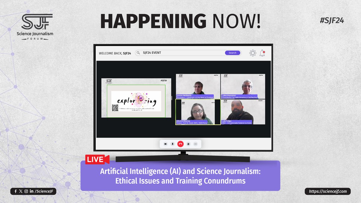 #𝗛𝗮𝗽𝗽𝗲𝗻𝗶𝗻𝗴_𝗡𝗼𝘄 #SJF24 Panel Discussion "𝗔𝗿𝘁𝗶𝗳𝗶𝗰𝗶𝗮𝗹 𝗜𝗻𝘁𝗲𝗹𝗹𝗶𝗴𝗲𝗻𝗰𝗲 (𝗔𝗜) 𝗮𝗻𝗱 𝗦𝗰𝗶𝗲𝗻𝗰𝗲 𝗝𝗼𝘂𝗿𝗻𝗮𝗹𝗶𝘀𝗺: 𝗘𝘁𝗵𝗶𝗰𝗮𝗹 𝗜𝘀𝘀𝘂𝗲𝘀 𝗮𝗻𝗱 𝗧𝗿𝗮𝗶𝗻𝗶𝗻𝗴 𝗖𝗼𝗻𝘂𝗻𝗱𝗿𝘂𝗺𝘀." Presented by @e_weitkamp, <a href="/LuisaMassarani/">Luisa Massarani</a>, <a href="/nutshal/">Shalini Sharma 🇮🇳</a> ,