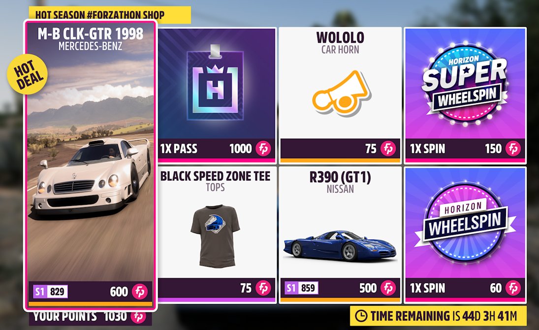 ForzaHorizon5UK's tweet photo. #ForzathonShop
Series 39 - Hot Season
’98 Mercedez-Benz CLK-GTR - 600fp
Nissan R390 (GT1) - 500fp
Horizon Pass - 1,000fp
Black Speed Zone Tee (Tops)
Wololo (Car Horn)
#H5FB #Forza #Horizon #FH5 #HotSeason #Series39 #BackToThe90s