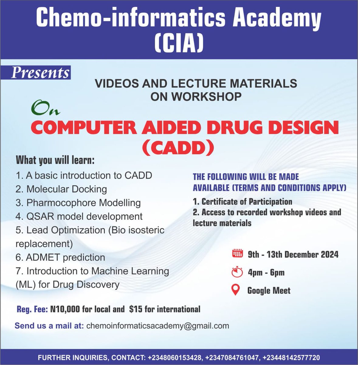 mikeolad's tweet photo. Are you looking to deepen your expertise in drug design, collaborate with top minds, and make your mark with a published research paper? 
Ready to Get Started?
Click the WhatsApp link.     https://t.co/IMszSB6c0T.   to join the group and complete your registration! https://t.co/fPk2kcAsgl