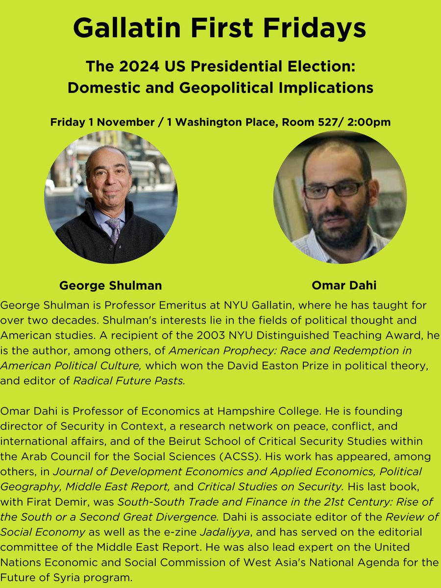 Security in Context (@securitycontext) on Twitter photo 🗓️ Join us tomorrow for Gallatin First Fridays to discuss the domestic and geopolitical implications of the upcoming US presidential election.
🗣️ George Shulman (<a href="/NYUGallatin/">NYU Gallatin</a>) & <a href="/omardahi/">Omar S. Dahi</a>
(<a href="/hampshirecolg/">Hampshire College</a>).
More info 👇
securityincontext.org/posts/event-ga… 🗓️ Join us tomorrow for Gallatin First Fridays to discuss the domestic and geopolitical implications of the upcoming US presidential election.
🗣️ George Shulman (<a href="/NYUGallatin/">NYU Gallatin</a>) & <a href="/omardahi/">Omar S. Dahi</a>
(<a href="/hampshirecolg/">Hampshire College</a>).
More info 👇
securityincontext.org/posts/event-ga…