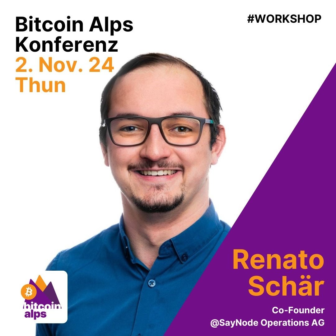 🚨 Workshop Announcement 🚨
Renato Schär ist Co-Founder von SayNode Operations AG und entwickelt mit seinem Team Bitcoin mobile Apps wie die Bitcoin Lernapp Yzer.io. Mit SayNode verfolgt er eine umfassende Bitcoin Strategie inklusive Bitcoin Löhnen und Treasury.