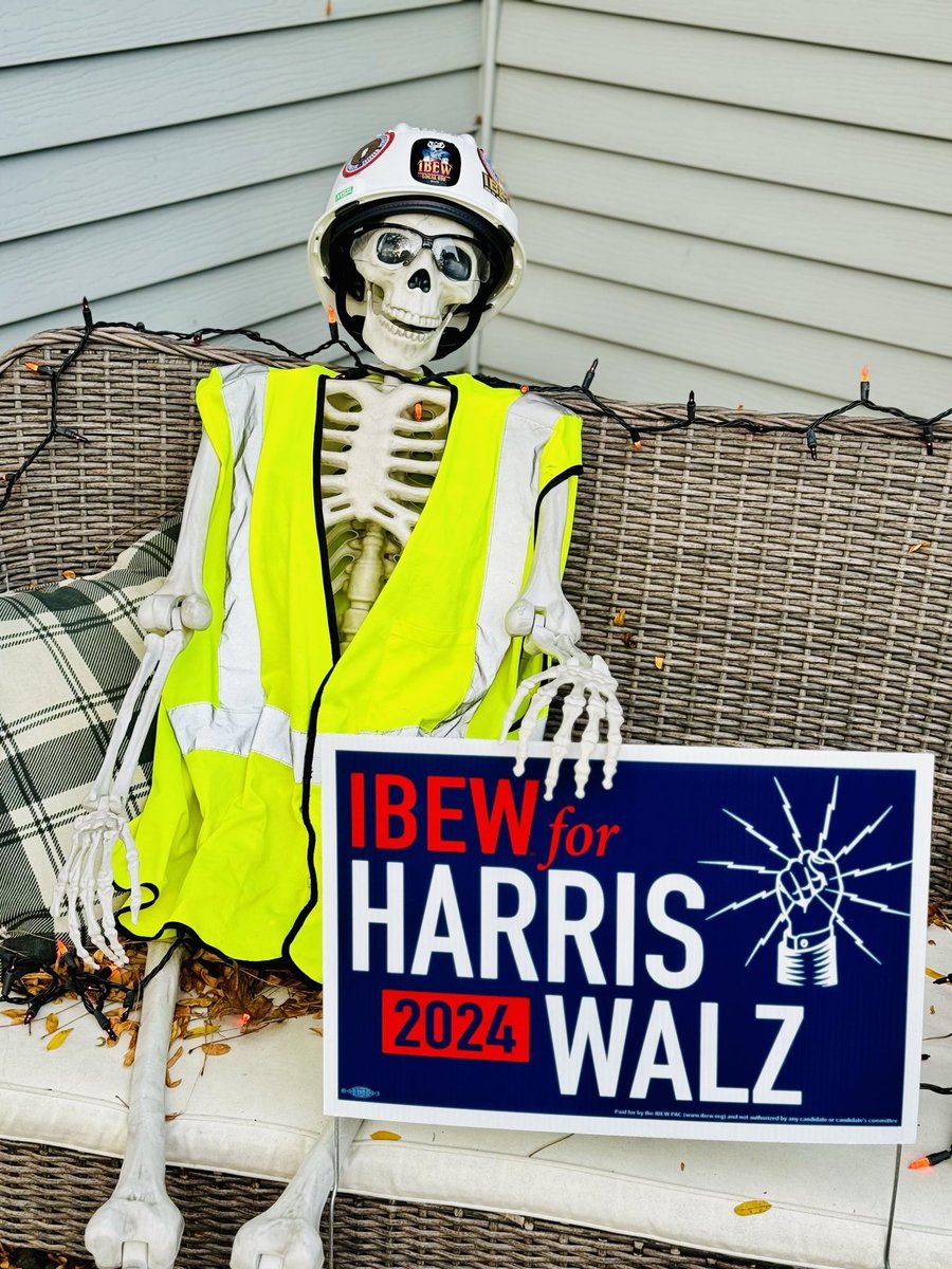 IBEW's tweet photo. The only thing scarier than ghosts and zombies is Trump’s Project 2025 anti-worker agenda. That’s why the #IBEW is mobilizing for @KamalaHarris and @Tim_Walz https://t.co/TKpFqKVXed