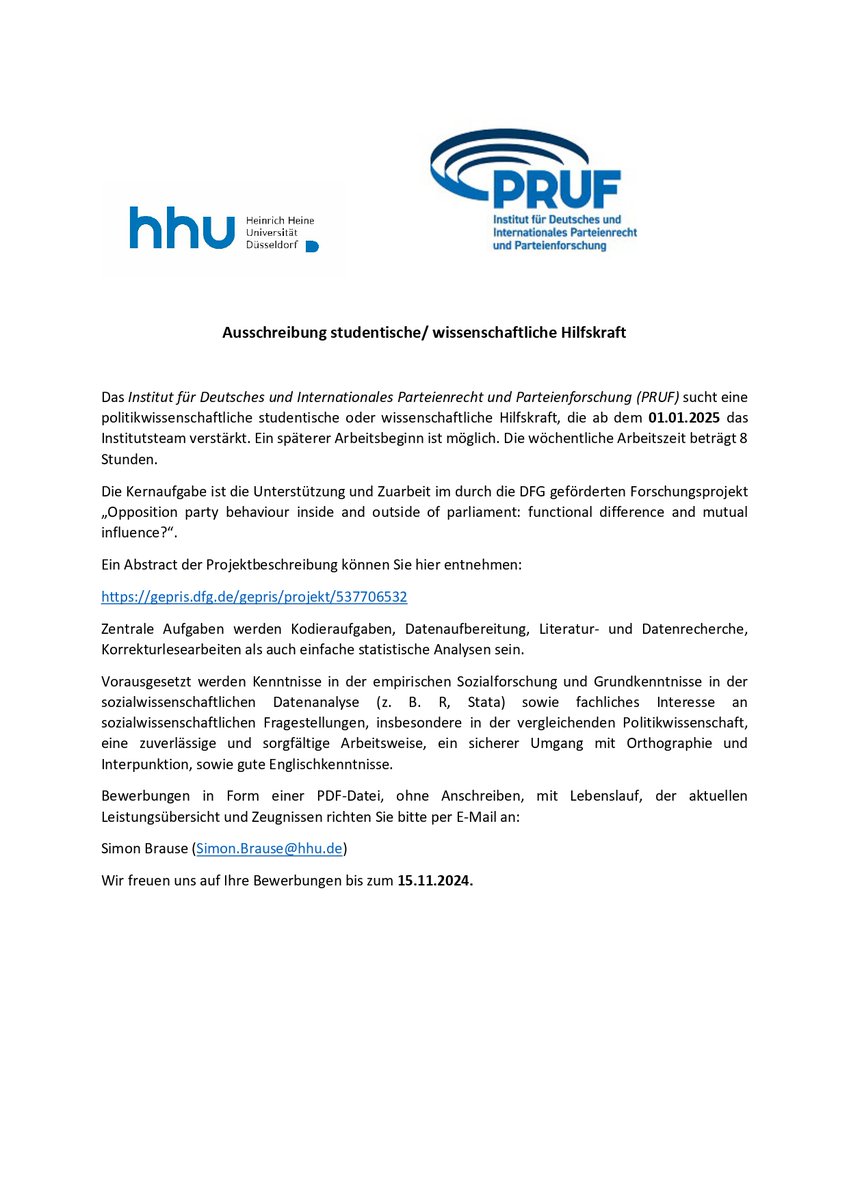 PRUF (@pruf_hhu) on Twitter photo 📢Neue Stellenausschreibung 📢
Wir suchen studentische/wissenschaftliche Hilfskräfte mit #PoWi-Hintergrund! Voraussetzung sind Kenntnisse der sozialwissenschaftlichen Datenanalyse. Arbeitszeit: 8h/Woche
<a href="/hhu_de/">Heinrich-Heine-Universität Düsseldorf</a>
Mehr Infos👉 gepris.dfg.de/gepris/projekt… 📢Neue Stellenausschreibung 📢
Wir suchen studentische/wissenschaftliche Hilfskräfte mit #PoWi-Hintergrund! Voraussetzung sind Kenntnisse der sozialwissenschaftlichen Datenanalyse. Arbeitszeit: 8h/Woche
<a href="/hhu_de/">Heinrich-Heine-Universität Düsseldorf</a>
Mehr Infos👉 gepris.dfg.de/gepris/projekt…