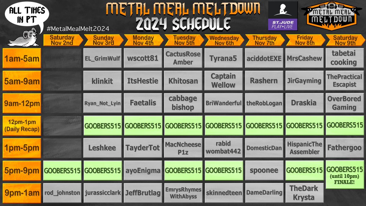 In case you missed the MMM schedule, here it is! Food, metal, and raising money for <a href="/StJudePLAYLIVE/">St. Jude PLAY LIVE</a>
! 🤘 Join us on Nov 2nd-9th🤘 #MetalMealMelt2024 🦭