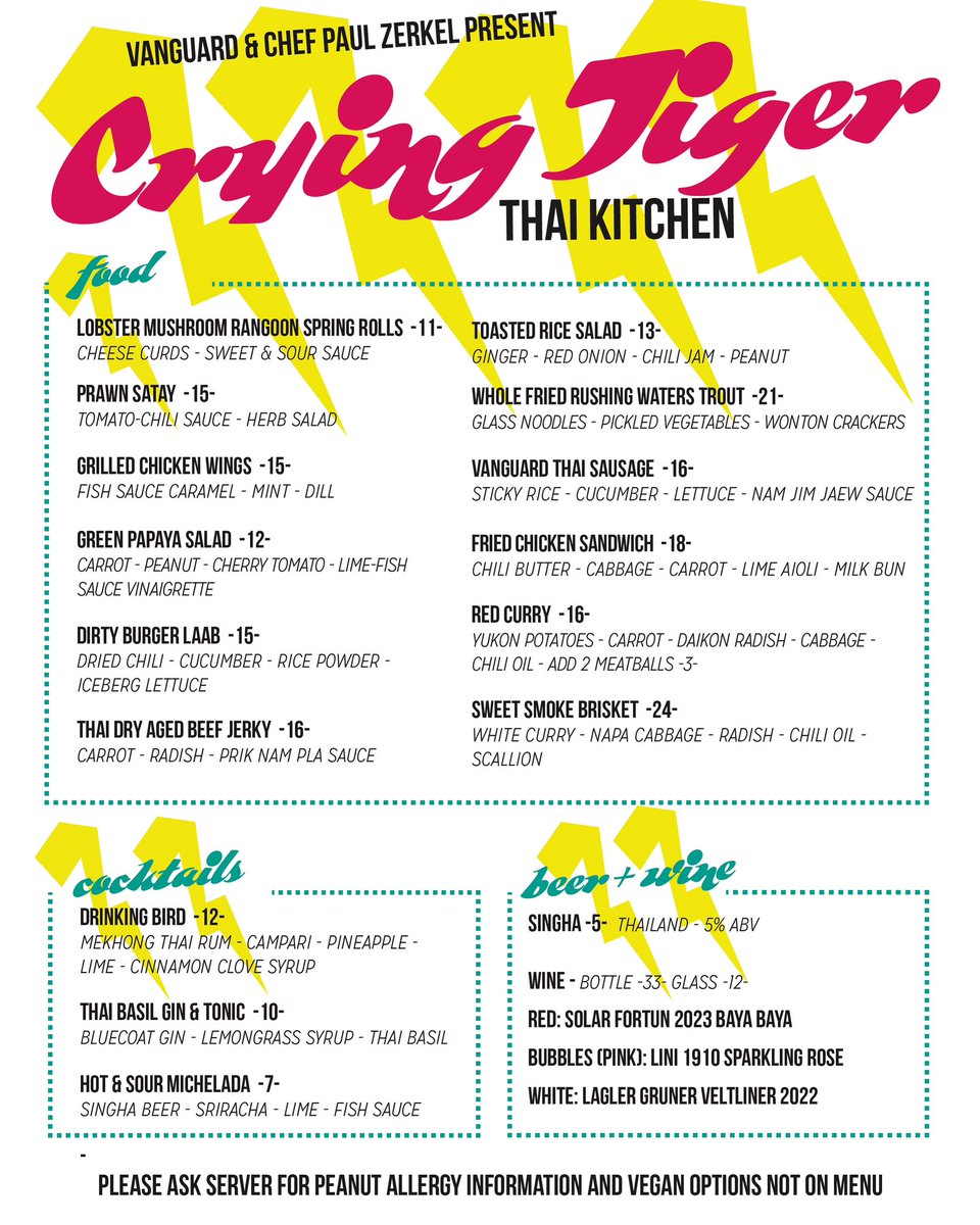 CLOSED FOR LUNCH TODAY - We need to prep for tonight’s Thai Kitchen pop up - Check out the menu for Crying Tiger - Open at 5pm