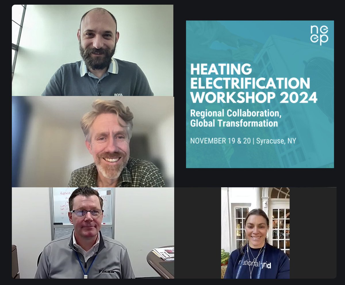 neepenergy's tweet photo. Michael Reed NYSERDA, Julie Hawkins National Grid, J. Kelly Hearnsberger Daikin Comfort, & Talal El Danaf goodcarbon rocking out a planning call for HEW2024.
Join the conversation | https://t.co/SLI2FG893x
#HEW2024 #CollaborationAlways https://t.co/AqqwMHkj6Y