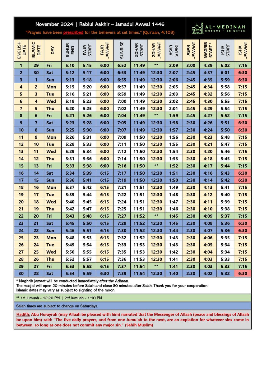 November 2024 prayer timetable.