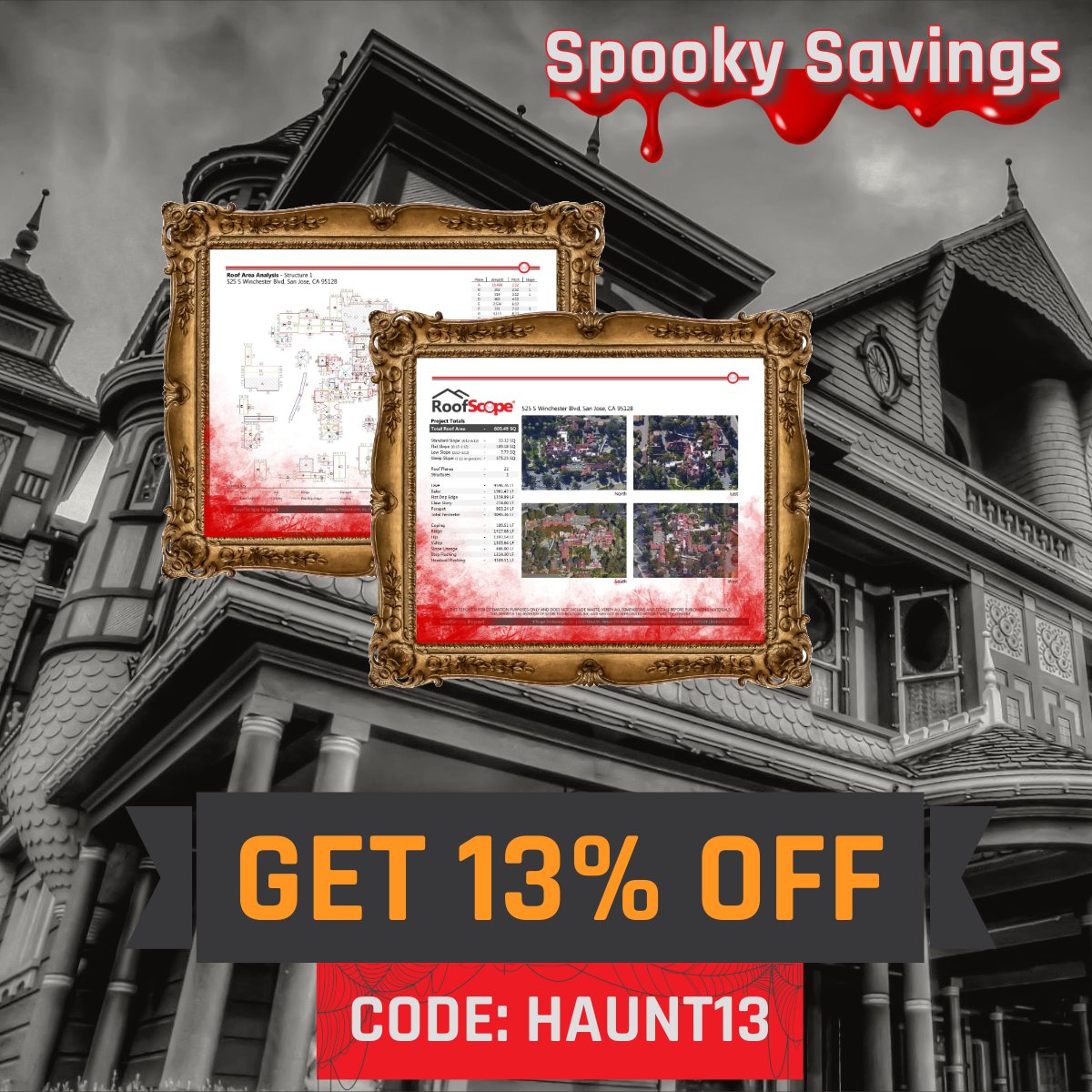 roofscope's tweet photo. For those #haunting #roofs you don’t want to hand-measure, we’ve got you covered! Use code HAUNT13 at checkout to grab 13% off any #RoofScope report. #SpookySavings sale ends Sunday, Nov. 3 at midnight!
#HappyHalloween #roofing #contractors https://t.co/9RRDFEsTZ9