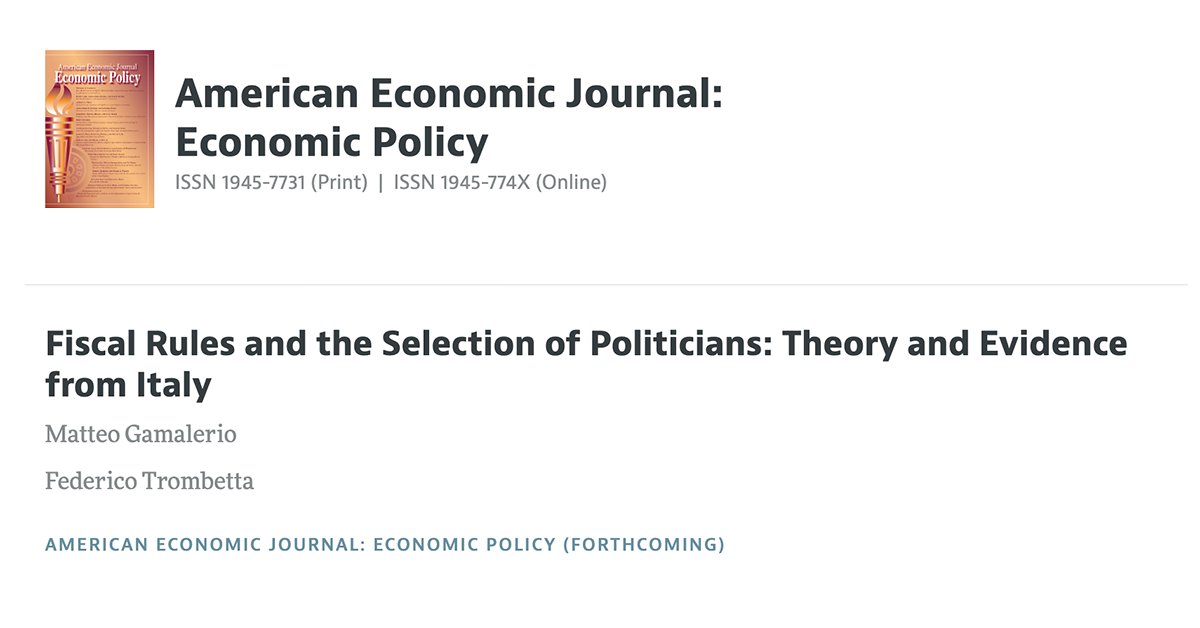 IEB (@fundacioieb) on Twitter photo 📝 #Paper: "Fiscal Rules and the Selection of Politicians: Theory and Evidence from Italy"
✍️ IEB researcher <a href="/matteogamalerio/">Matteo Gamalerio</a> and <a href="/IcoTrombetta/">Federico Trombetta</a> explore how fiscal rules affect mayoral candidates' qualifications.
Forthcoming in <a href="/AEAjournals/">AEA Journals</a> ➡️ i.mtrbio.com/xjcmlmawqz 📝 #Paper: "Fiscal Rules and the Selection of Politicians: Theory and Evidence from Italy"
✍️ IEB researcher <a href="/matteogamalerio/">Matteo Gamalerio</a> and <a href="/IcoTrombetta/">Federico Trombetta</a> explore how fiscal rules affect mayoral candidates' qualifications.
Forthcoming in <a href="/AEAjournals/">AEA Journals</a> ➡️ i.mtrbio.com/xjcmlmawqz