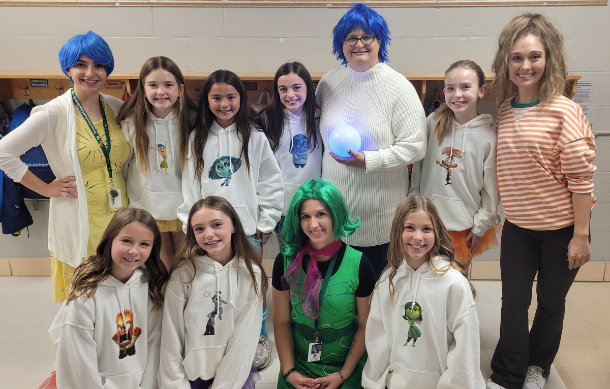 Kindergarten team and fifth grade girls showing their emotions on Halloween.  #dg58pride #LEchoosesHappy #insideout2