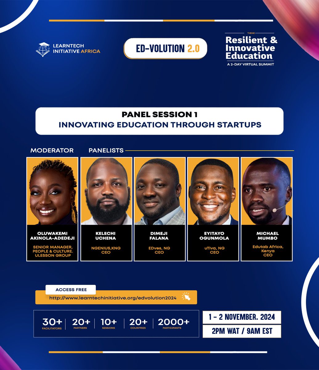 learntechafrica's tweet photo. Panel session 1 at ED-Volution: Innovating Education Through Startups.

Come join us on:

Date: 1st and 2nd of November
Time: 2:00 pm WAT | 9:00 am EST
Location: Virtual 

Register to secure your spot → https://t.co/x8bDt5qPzZ

#learntechinitiativeafrica #edvolutionsummit https://t.co/VzD7LpvNJu