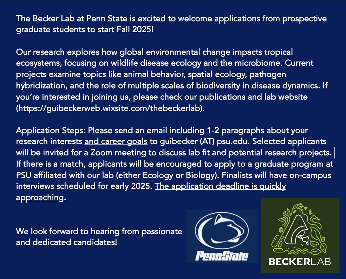 📢 The Becker Lab is recruiting graduate students for Fall 2025! Join us to study how global change impacts tropical wildlife, emerging diseases &amp; the microbiome. 🌎🐸
Interested? Send 1-2 paragraphs outlining your research/career goals to guibecker (AT) psu . edu