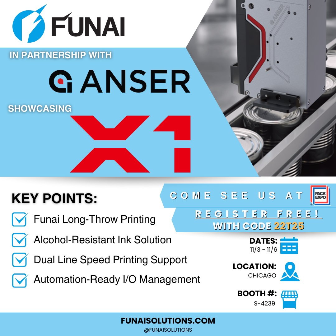 FunaiSolutions's tweet image. Uncover the exciting collaboration of Funai and ANSER CODING at #PackExpo2024 .
Explore their groundbreaking technology, designed to work seamlessly with Funai's cartridges.
Don't miss out on the chance to experience innovation up close! 👀