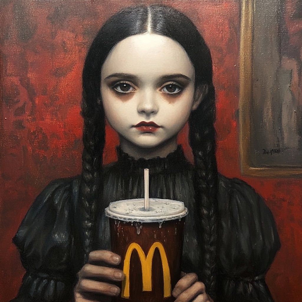 🎨 AI Brings Imagination to Life: Wednesday Addams Sips McDonald's Cola 🖌️
Explore the whimsical world where AI intersects with art. Our latest creation showcases an imaginative oil painting of the iconic Wednesday Addams indulging in a McDonald's cola. Thanks to cutting-edge AI