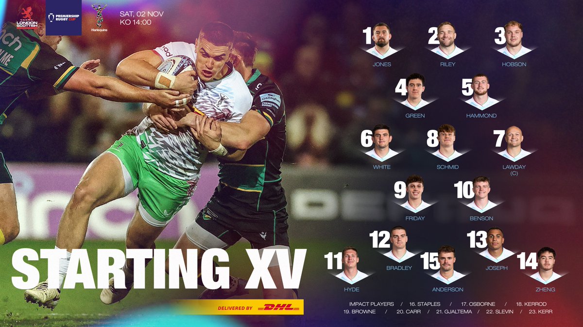 Harlequins's tweet photo. Our Starting XV for London Scottish 🏴󠁧󠁢󠁳󠁣󠁴󠁿

🫡 Lawday Skipper
🃏 Debuts for Friday &amp; Schmid
✨ Staples on the bench for the first time

📲 https://t.co/XwYMtwJNOJ

🚚 Delivered by @DHLRugbyUK 

#COYQ #LSCvHAR https://t.co/KVeqkfK09v