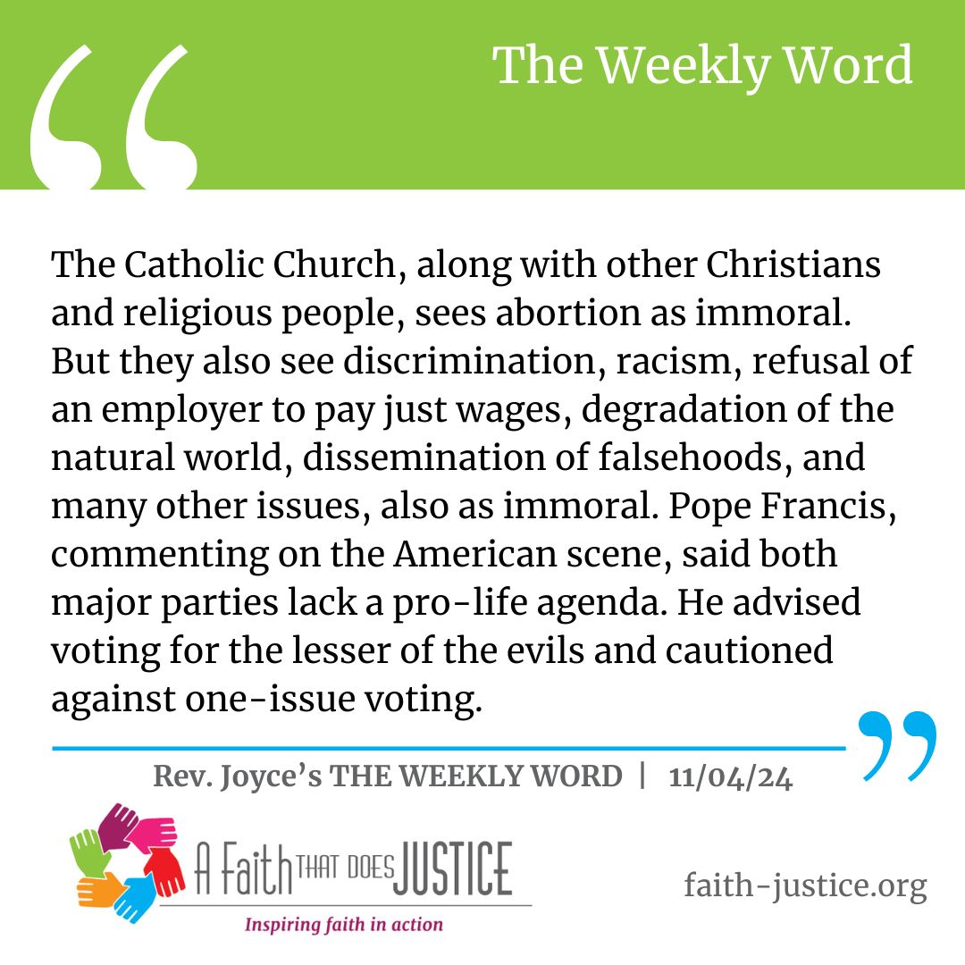 "While we are not allowed to publicly enter into partisan politics, that does not mean we are forbidden to, or even discouraged from, speaking about political issues. Many political issues are moral issues." Read this week's The Weekly Word here:  faith-justice.org/election-day-i…