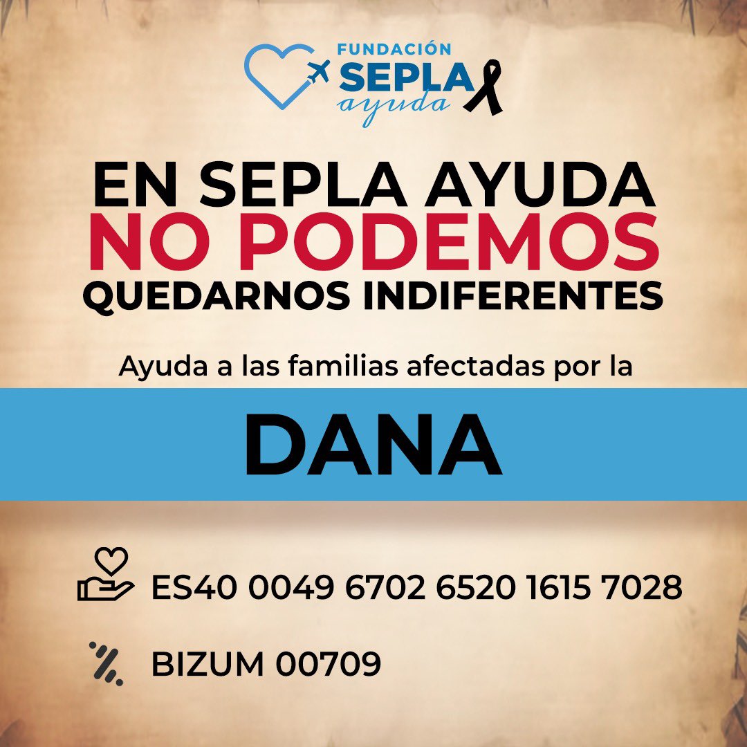 Iniciamos campaña de recogida de fondos a través de la Fundación Sepla Ayuda para los damnificados por la Dana. Los donantes podrán obtener certificado de la donación previa cumplimentación de este formulario. forms.office.com/e/wLiZLgLp29