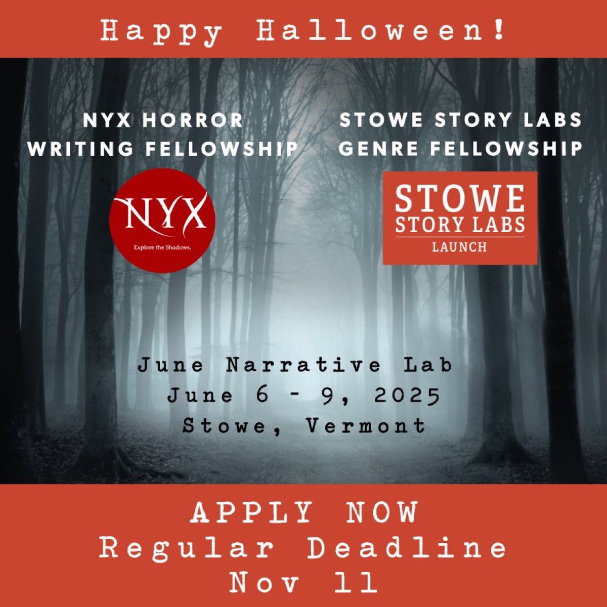 We are couldn’t be prouder to work with @StoweStoryLabs to offer our NYX fellowship again this year! Stowe recognizes the power in genre, launching a 2nd fellowship as well! Apply for these spooky opportunities by the Regular Deadline, November 11: bit.ly/3M1uHCf