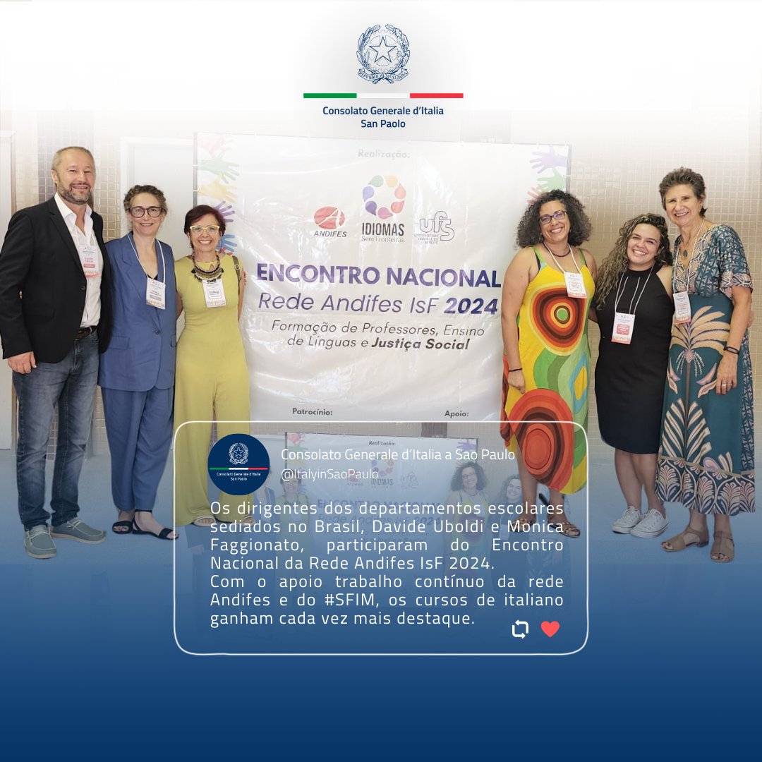 ItalyinSaoPaulo's tweet photo. Com o apoio do governo italiano e o trabalho contínuo da rede #Andifes e do #SFIM, os cursos de italiano ganham sempre mais destaque nas instituições de ensino brasileiras. Seguimos empenhados para ampliar as oportunidades de estudo da língua e cultura 🇮🇹 em todo o território! https://t.co/HZM7tJydxs