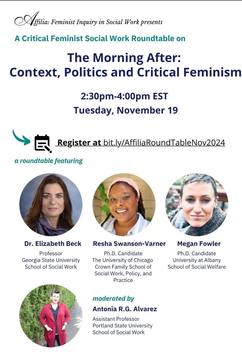 Join us for our fall webinar “The Morning After: Context, Politics, &amp; Critical Feminism” Nov. 19th at 2:30pm EST. A post election discussion moderated by Dr. Antonia Alvarez, with Dr. Elizabeth Beck, Resha Swanson,-Varner &amp; Megan Fowler. Register at  bit.ly/AffiliaRoundTa…. 🧵