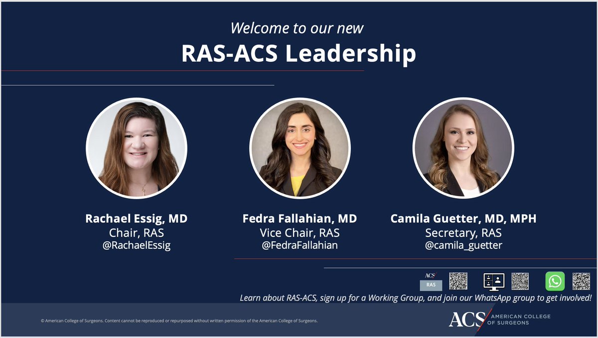 RAS-ACS (@rasacs) on Twitter photo We are thrilled to announce our new RAS-ACS Executive Committee leadership!
Chair: Rachael Essig (<a href="/RachaelEssig/">Rachael Essig, MD</a>)
Vice Chair: Fedra Fallahian (<a href="/FedraFallahian/">Fedra Fallahian, MD</a>)
Secretary: Camila Guetter (<a href="/camila_guetter/">Camila Guetter, MD MPH</a>)
Congratulations, all! We're beyond excited for your continued leadership.🧵 We are thrilled to announce our new RAS-ACS Executive Committee leadership!
Chair: Rachael Essig (<a href="/RachaelEssig/">Rachael Essig, MD</a>)
Vice Chair: Fedra Fallahian (<a href="/FedraFallahian/">Fedra Fallahian, MD</a>)
Secretary: Camila Guetter (<a href="/camila_guetter/">Camila Guetter, MD MPH</a>)
Congratulations, all! We're beyond excited for your continued leadership.🧵