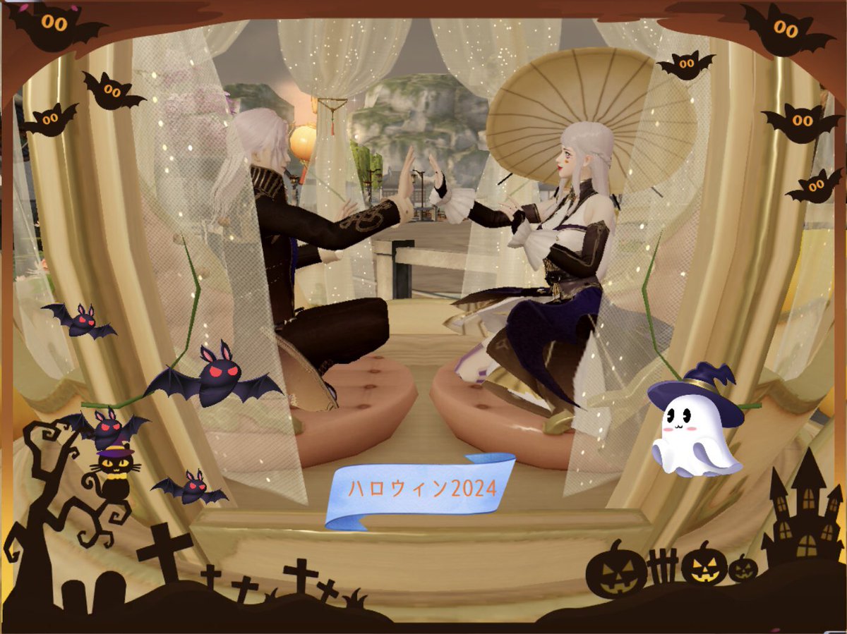samon_55's tweet photo. ハッピーハロウィン🎃👻
なんとか二人とも華服フルセットと称号とれた♪( ´θ｀)ノ https://t.co/3aGeaIXDnD