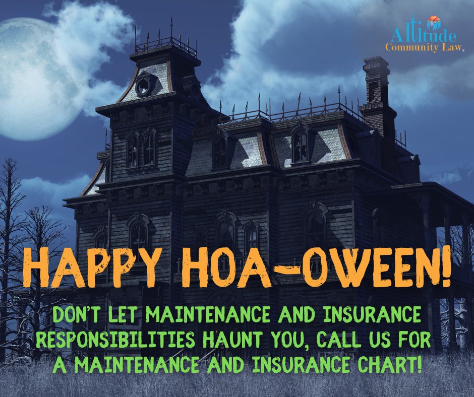AltitudeLaw's tweet image. Maintenance and insurance responsibilities haunting your HOA? Call us to learn why a maintenance and insurance chart could be right for your association! Happy HOA-oween from Altitude Community Law! altitude.law

#HOALaw #HOAInsurance #Halloween2024 #HappyHalloween