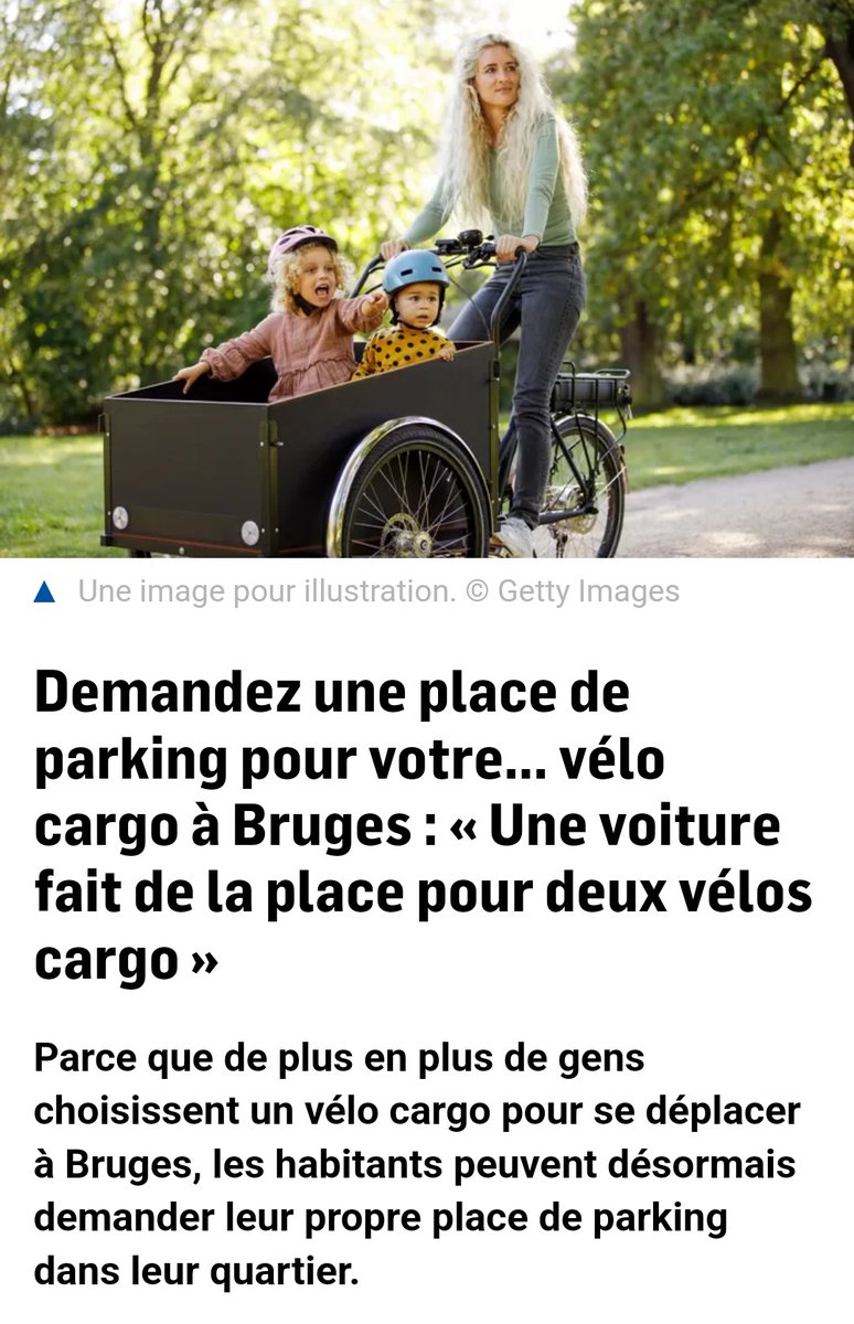 À Bruges, une place de parking devant votre maison peut être transformée en place de parking pour deux vélos cargo et quelques vélos ordinaires.

Le demandeur doit avoir son propre vélo cargo et pas ou au maximum une voiture.  

🔄Retweetez si vous voulez aussi cette règle à Bxl