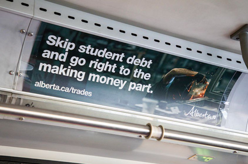 RajanJSaw's tweet photo. If you’ve taken the bus recently, you might have seen this poster or one like it. As part of our campaign to promote careers in the skilled trades, Advanced Education is connecting with Albertans through advertising in public spaces, including transit. Next time you’re on the bus, take some time to consider whether a skilled trades career is right for you.

Get more with a career in the trades. Explore careers at https://t.co/OBYsLvm2tq