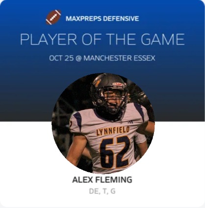 stevenMconnolly's tweet photo. Congrats to SR @afleming08 for being selected the @MaxPreps Defensive Player of the Game for his efforts in the big win against Manch/Essex!  Alex was a huge part of the OL success and was a monster on the DL, keeping the Hornets to only 6 points.  @LHSPioFootball https://t.co/H5nXFgUnfI