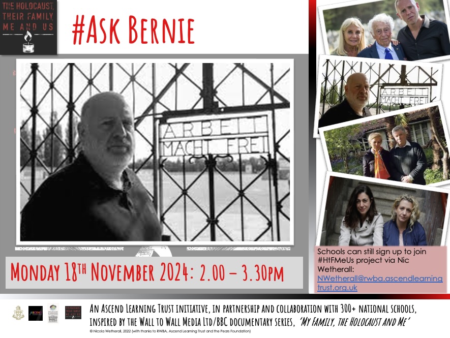 RWBAHolocaust's tweet photo. Following #BerniesJourney as part of #HtFMeUs? Submit Qs ahead of 18 Nov, 2pm #AskBernie session. This is a chance for students to ask Qs, gain new insights to enrich project.
Check Zoom link via Basecamp.
RT @WestminsterAca @DTownsendNUSA @DunottarSchool @Official_FPHS https://t.co/Gai1YlJ2Yq