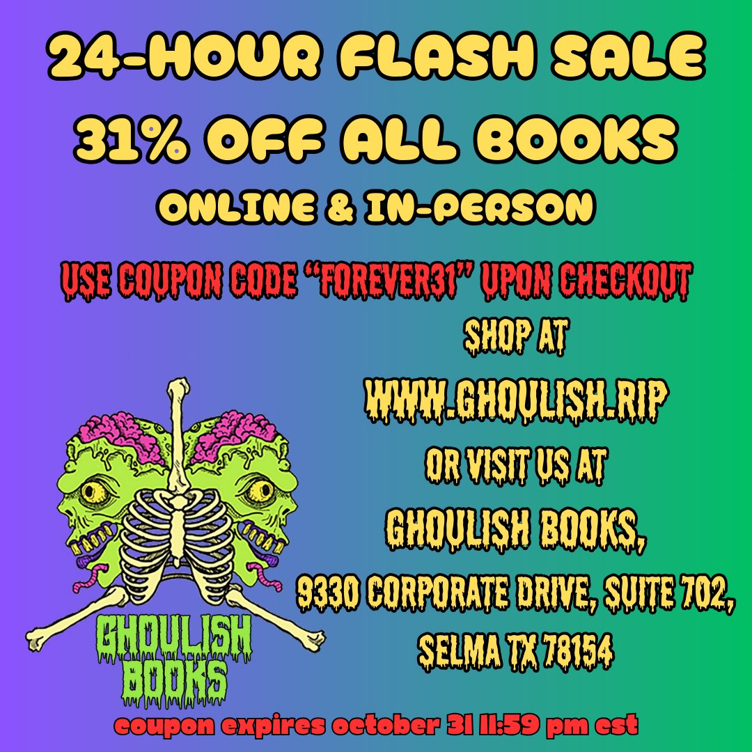Halloween flash sale today at @GhoulishBooks. Stop by their webstore  and pick up my book or someone else's.  ghoulish.rip