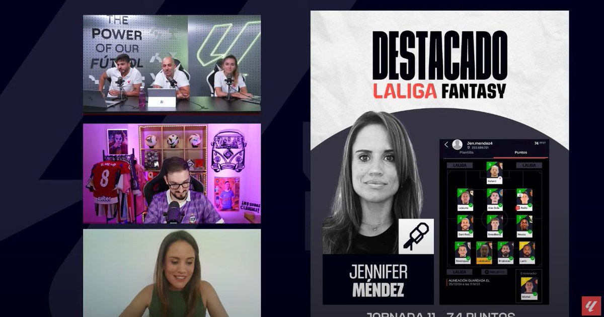 🔝 ¡Conectamos con <a href="/Jenifermendezz/">Jennifer Méndez</a>, pie de campo de <a href="/LaLiga/">LALIGA</a>, tras ser LA MEJOR en #LALIGAFANTASY de narradores y comentaristas! 

📺 ¡Estamos en el #DirectoLALIGAFANTASY! ¡PINCHA AQUÍ! ➡️ youtube.com/live/WbQZ4plzk…

#LALIGAFANTASY #LALIGAEASPORTS