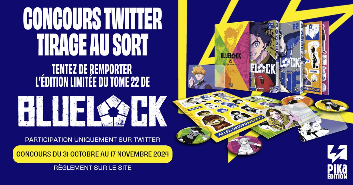 pikaedition's tweet photo. [CONCOURS] 
⭐️ À l'occasion de la sortie du tome 22 de Blue Lock en librairie le 30 octobre 2024, tenter de remporter un exemplaire de l'édition limitée ! ⭐️
Pour participer: 
1⃣ Abonnez-vous à @pikaedition 
2⃣ Likez et repostez ce post 🔁 
Bonne chance à tous ! https://t.co/eztrRiBnAg