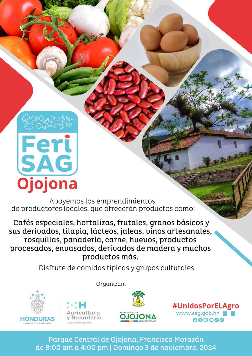 saghonduras's tweet photo. 🔴 ¡Anunciamos #FeriSAGOjojona! El Gobierno de la presidenta @XiomaraCastroZ, a través de la SAG, pone a disposición de los productores la #FERISAG, una ventana diseñada para el impulso de la comercialización agrícola de manera local. https://t.co/zgl6FwUeS8