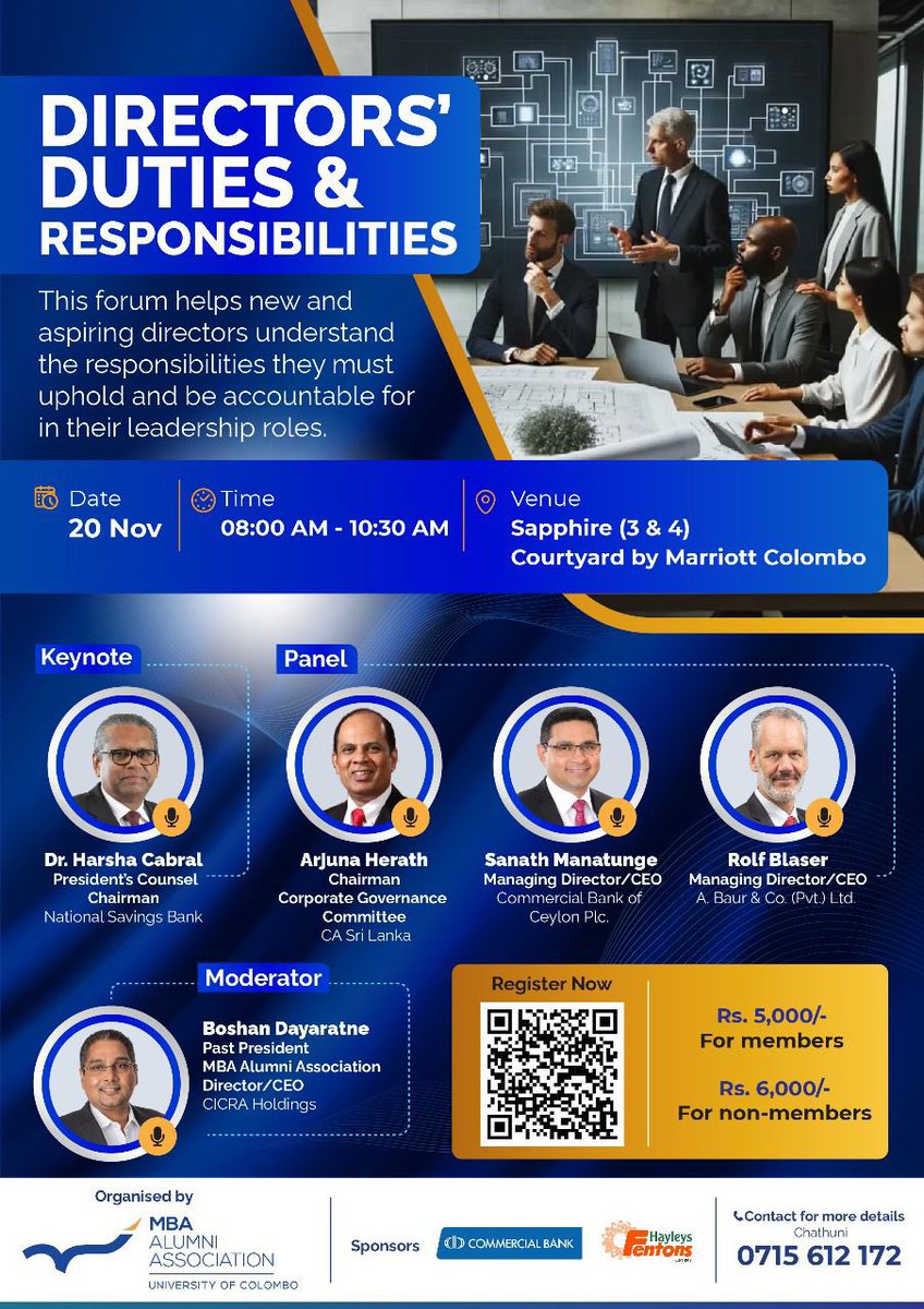 colombo_mba's tweet photo. 🚀 Dive into boardroom insights & responsibilities with top experts! Gain the tools you need to excel as a director.
📅 Reserve your seat now: https://t.co/i8H6ivYTKD
#ColomboMBA #Leadership #CorporateGovernance https://t.co/0FIVtp7J9j