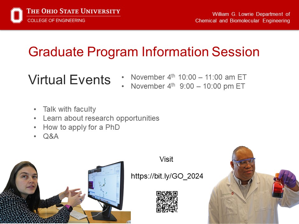 OhioState-CBE (@ohiostatecbe) on Twitter photo Curious about chemical engineering at Ohio State? Attend this virtual overview to find out more about program requirements, how to apply, and research!
Register here: cbe.osu.edu/events/2024/11… Curious about chemical engineering at Ohio State? Attend this virtual overview to find out more about program requirements, how to apply, and research!
Register here: cbe.osu.edu/events/2024/11…