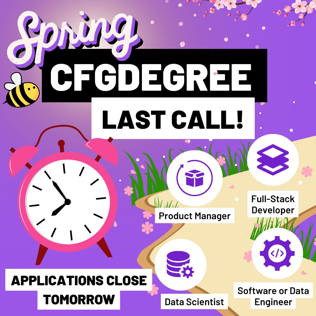 🚨 LAST CHANCE to apply for Spring CFGdegree! 🚨
ow.ly/ItZX50TWvWz
#CodeFirstGirls #DiversityInTech #WomenInTech #Upskill #Transform #CFGdegree