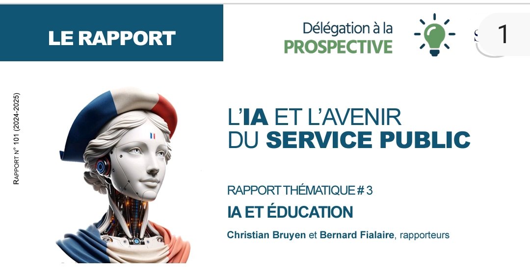 Le sénat a publié tout récemment son dernier rapport sur l'IA et l'Éducation. 
Un document synthétique à consulter ici : senat.fr/rap/r24-101/r2…