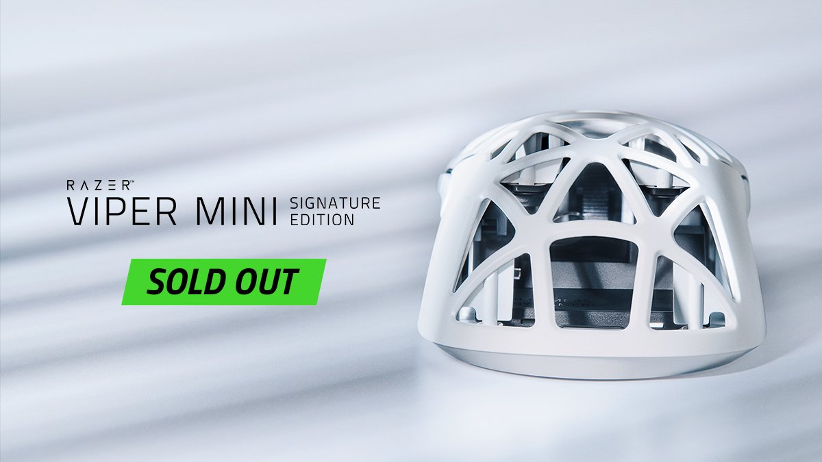 Razer's tweet photo. Drop #2 of the Razer Viper Mini Signature Edition sold out in 2 minutes – but you can still try your luck at RazerStores in the US and London. Stay tuned for updates on the next drop, exclusively on our Discord server: https://t.co/BsKGkNUAXj https://t.co/OGTipsWcgg