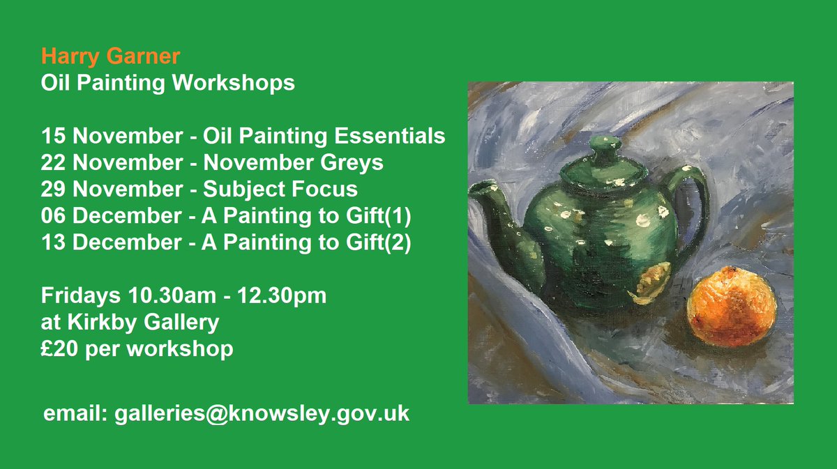 There are still a few places available on our new oil painting workshops with artist Harry Garner. You can book for an individual session or register for all five. All materials are provided and beginners are welcome. Email galleries@knowsley.gov.uk to book your place.