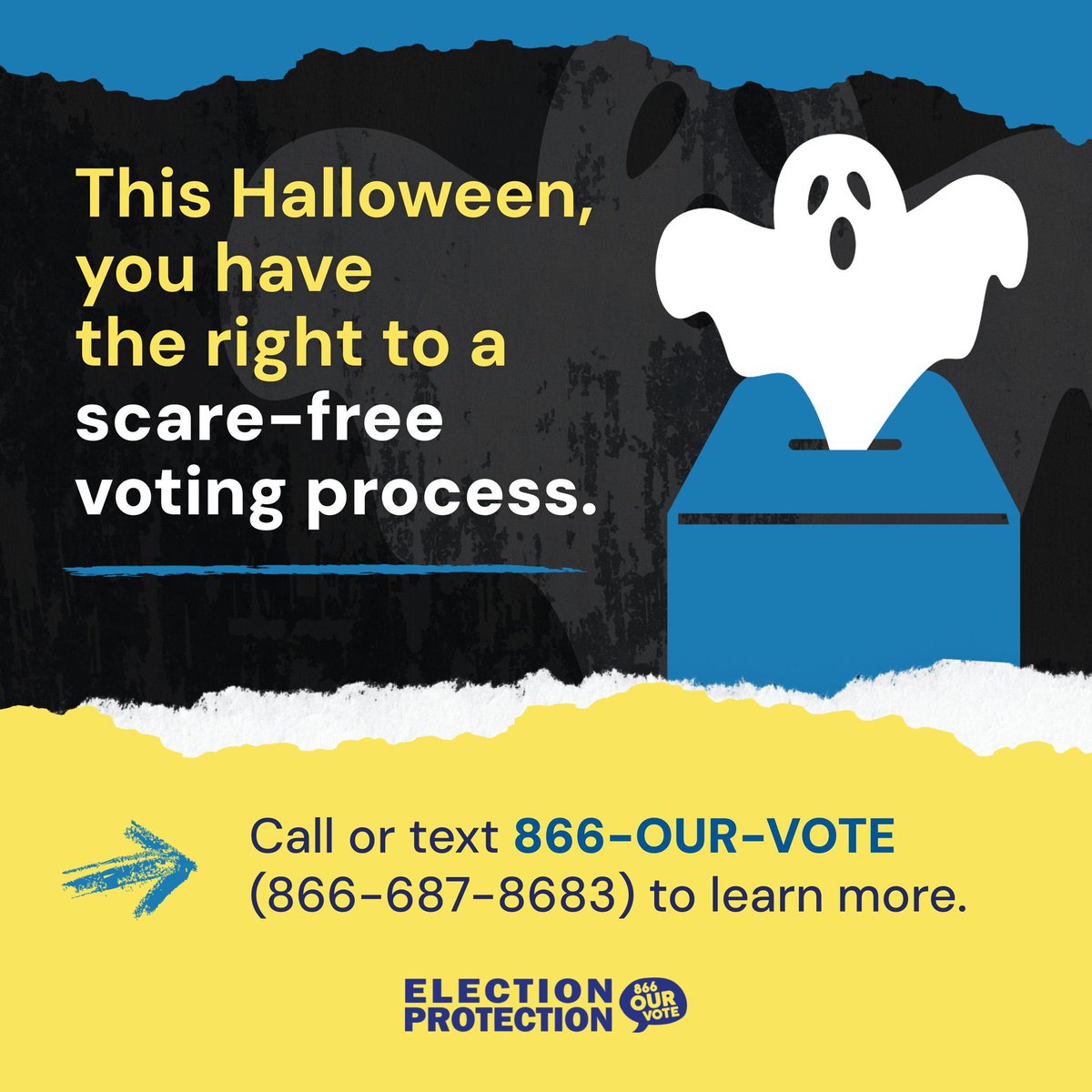 What's the scariest part of Halloween?👻For us, it's not having a plan to vote! It is your right to vote free from intimidation or interference. Make sure your voice is heard loud and clear this Election Day 📣Call/text 866-OUR-VOTE.
